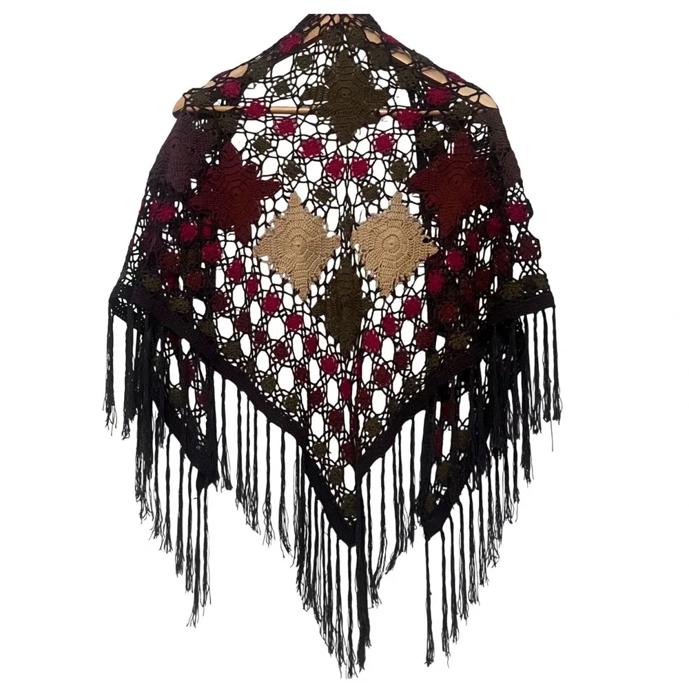 Boho Crochet Triangle Fringe Shawl Wrap‎ Earhtones Cottagecore Victorian Granny